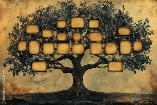 A wide strong family tree template with empty cells for user input text. Photo realistic style