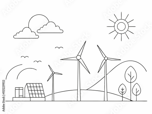 continuous single line drawing of solar energy and wind power concept, line art vector illustration
