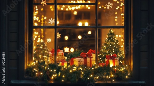 A festive window adorned with colorful holiday lights, casting a warm and cozy glow into the room.