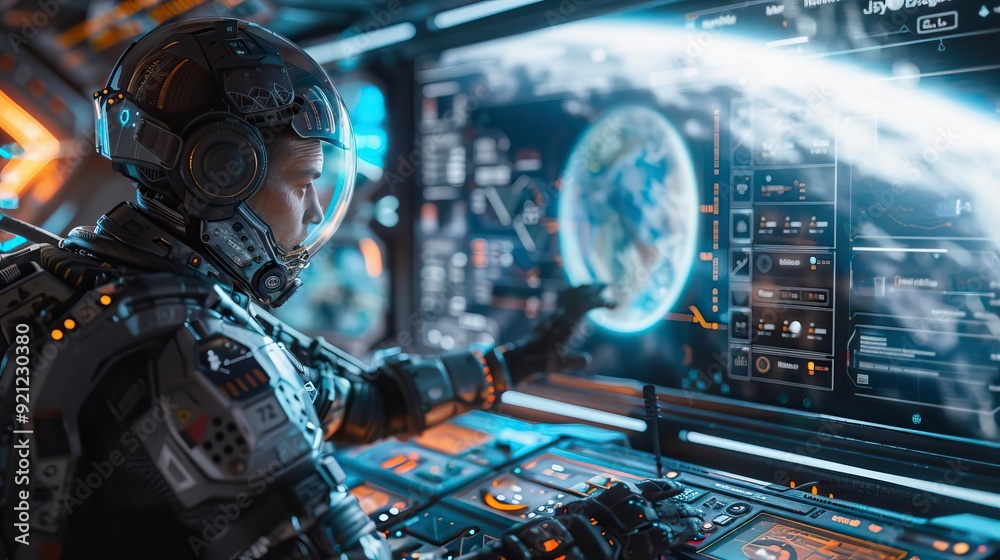 A futuristic astronaut interacts with advanced technology, exploring Earth from a spacecraft's control panel in space. A futuristic astronaut interacts with advanced technology, exploring Earth from a spacecraft's control panel in space.