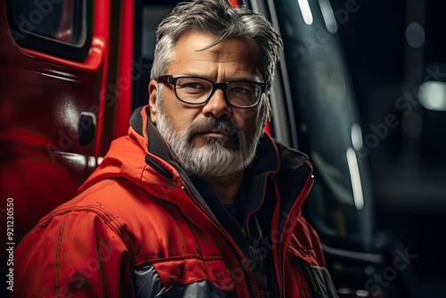 A pensive man in workwear stands by a vehicle at night, reflecting determination and resilience in a challenging environment.