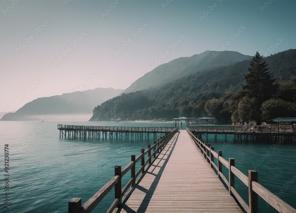 A Beautiful Serene Lake View Featuring a Wooden Pier Set Within a Misty Landscape Scene A Beautiful Serene Lake View Featuring a Wooden Pier Set Within a Misty Landscape Scene