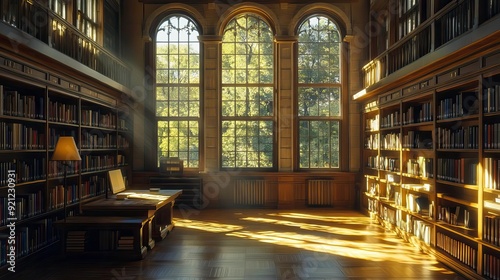 A serene library filled with natural light  showcasing elegant bookshelves and a cozy reading nook  perfect for quiet study.