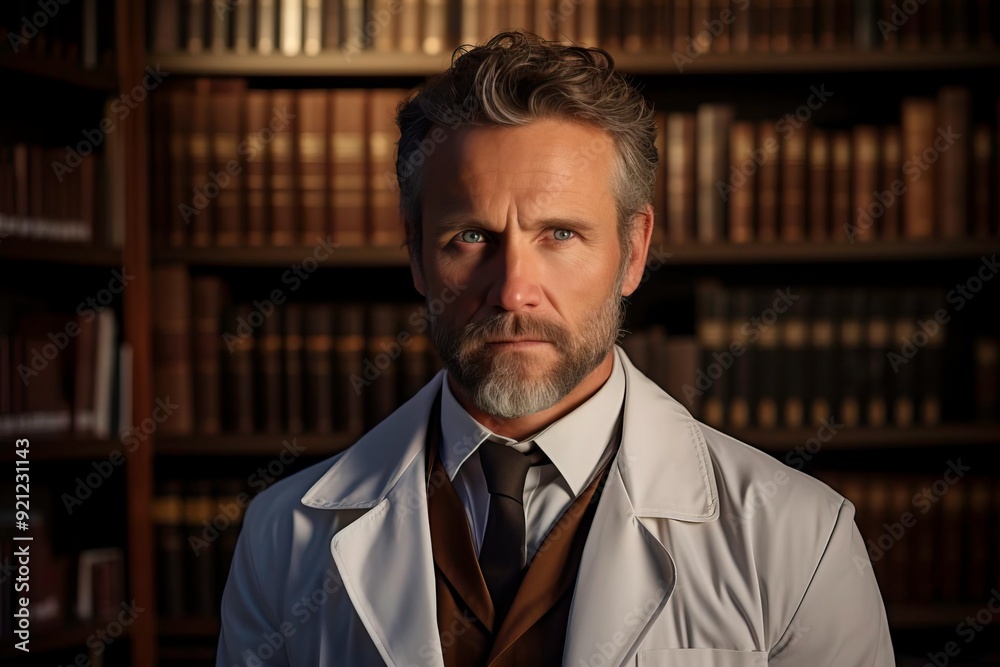 A serious male doctor stands in a library filled with books, embodying wisdom and authority in a professional setting. A serious male doctor stands in a library filled with books, embodying wisdom and authority in a professional setting.