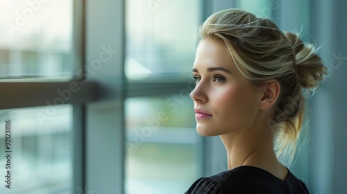 A serene woman gazes thoughtfully out of a window, capturing a moment of reflection and tranquility in a modern setting. Free Download A serene woman gazes thoughtfully out of a window, capturing a moment of reflection and tranquility in a modern setting. - GFXLoad