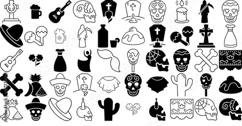 Set Of Day Of The Dead Icons Silhouette Vector Logo Design Containing Skeleton,Skull,Mexico,Dead,Mexican Simple Black Style Symbol Sign For Apps And Website, Vector Illustration