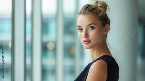 A thoughtful young woman gazing out of a modern window, showcasing elegance and poise in a contemporary setting. Free Download A thoughtful young woman gazing out of a modern window, showcasing elegance and poise in a contemporary setting. - GFXLoad