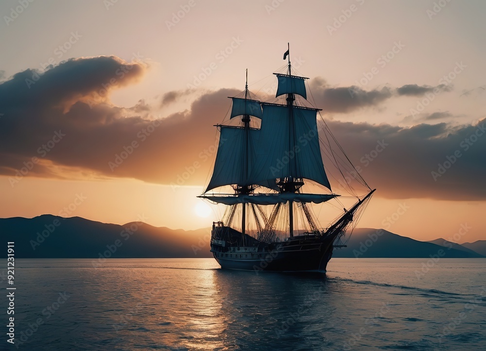 A Majestic Sailing Ship Gliding Gracefully at Sunset Over Tranquil, Reflective Waters A Majestic Sailing Ship Gliding Gracefully at Sunset Over Tranquil, Reflective Waters