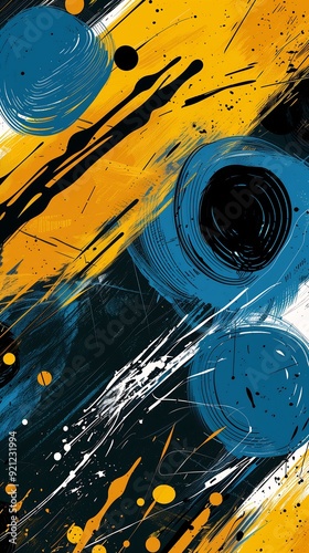 yellow blue background circles inspiring brush disconnected shapes splattered tar blacks blues fined dynamic splashes round cropped glyphs