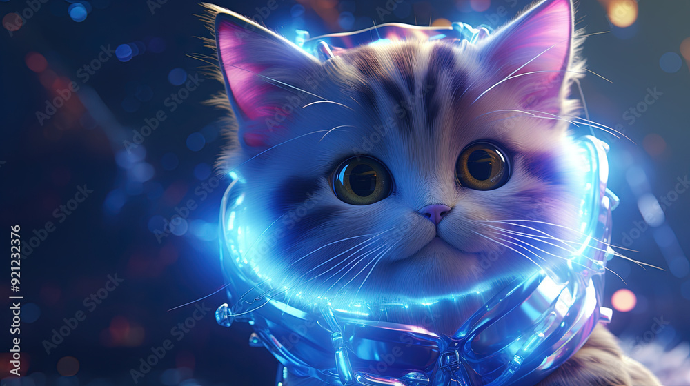 Party cat in neon colors. Funny kitten with holographic hat in 90s style neon lights Party cat in neon colors. Funny kitten with holographic hat in 90s style neon lights