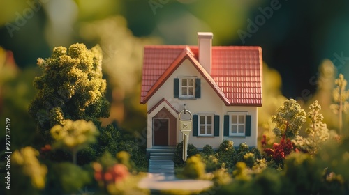 A miniature house with a key in the front door symbolizes homeownership, new beginnings, investment, real estate, and aspirations for the future.