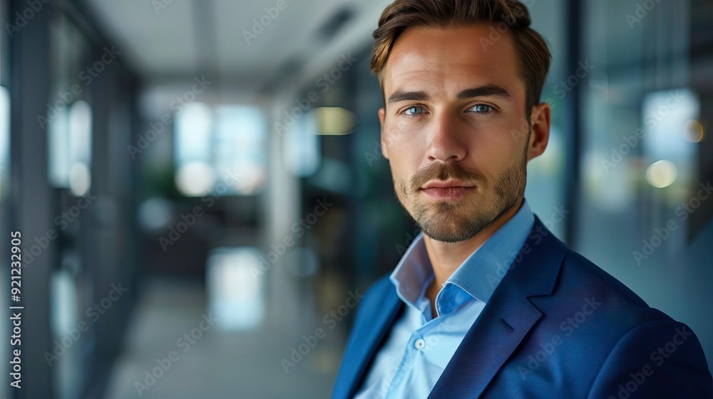 Confident businessman wearing a suit, looking thoughtfully towards the camera in a modern office setting. Confident businessman wearing a suit, looking thoughtfully towards the camera in a modern office setting.
