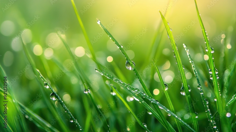 Fototapeta premium The green grass is wet and shiny, with droplets of water on the leaves