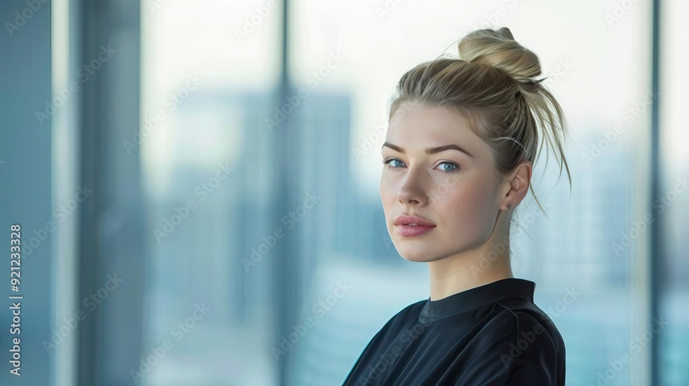 Confident young woman with a bun hairstyle poses in a modern office with a cityscape backdrop, showcasing professionalism and grace. Confident young woman with a bun hairstyle poses in a modern office with a cityscape backdrop, showcasing professionalism and grace.