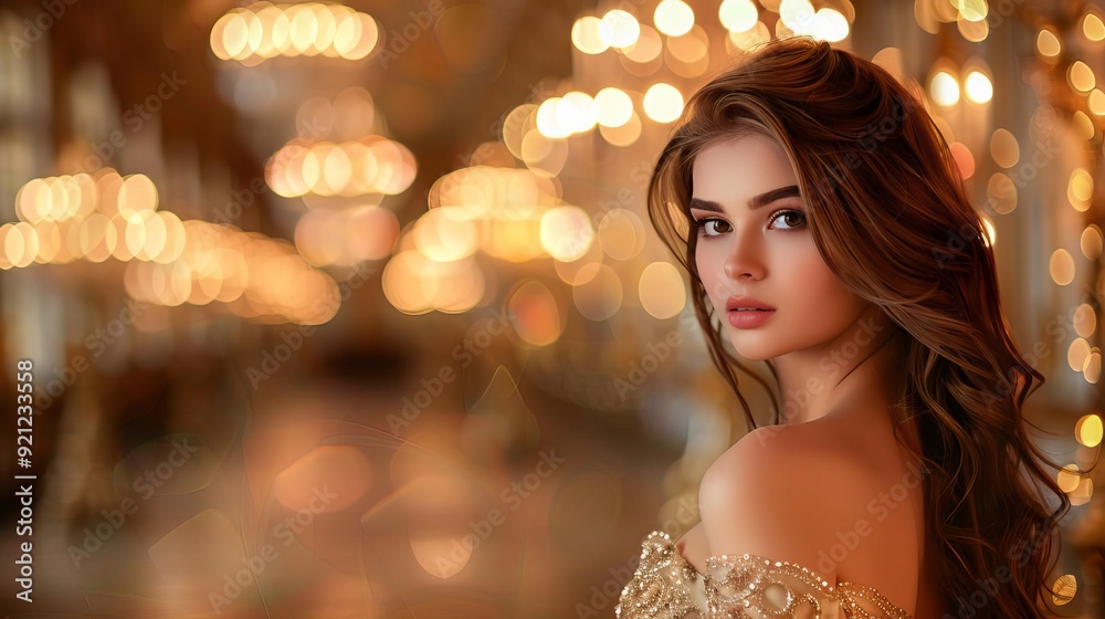 Elegant portrait of a young woman in a luxurious setting, surrounded by beautiful bokeh lights, exuding charm and grace. Elegant portrait of a young woman in a luxurious setting, surrounded by beautiful bokeh lights, exuding charm and grace.