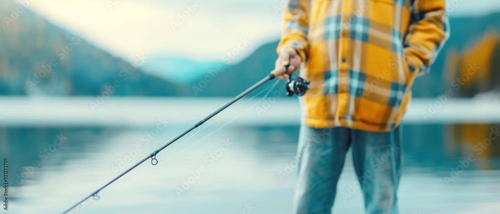 a fisherman holding a rod and reel by a picturesque lake, copy space, natural lighting a fisherman holding a rod and reel by a picturesque lake, copy space, natural lighting