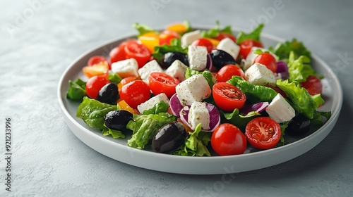 Greek salad in light plate isolated, villages salad, horiatiki salat made with tomatoes, diced feta