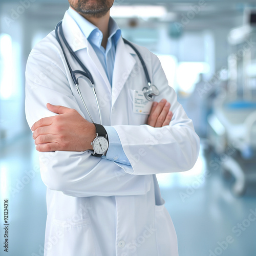 Medical doctor with stethoscope in hand on hospital background medical technology 