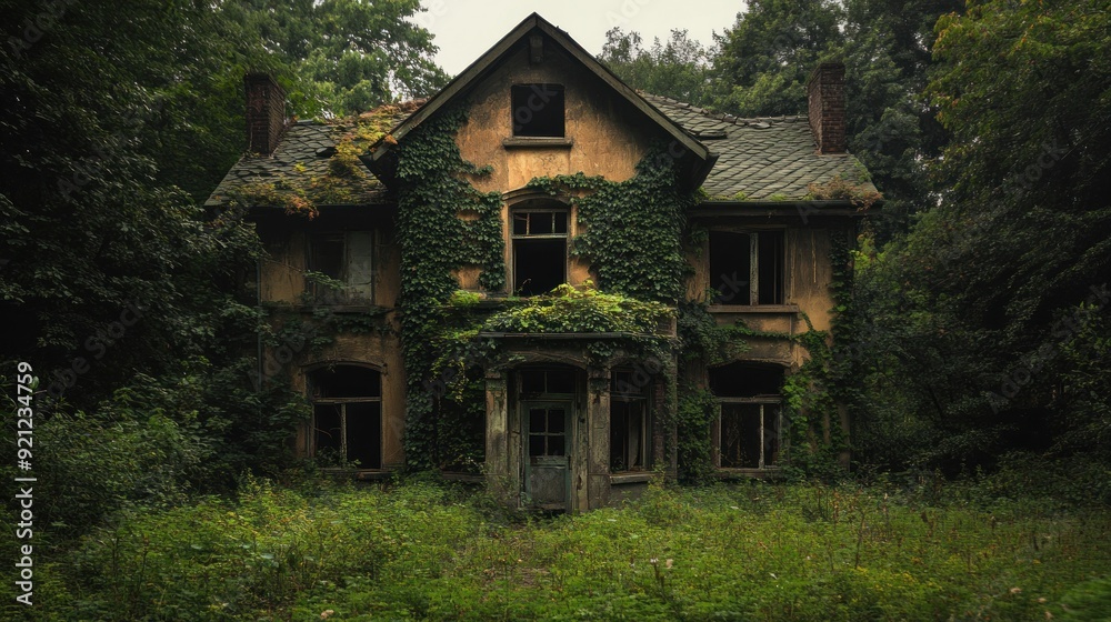 A house with ivy growing on it is in a field A house with ivy growing on it is in a field