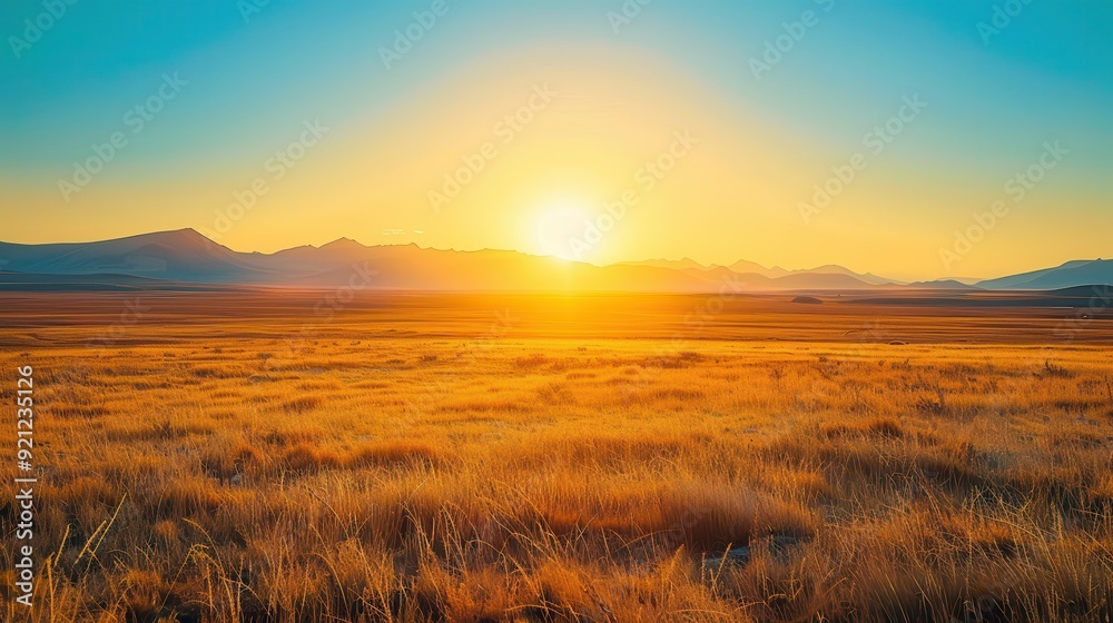 Distant Sunrise: Vivid Yellow Scenery with Mountains in the Background