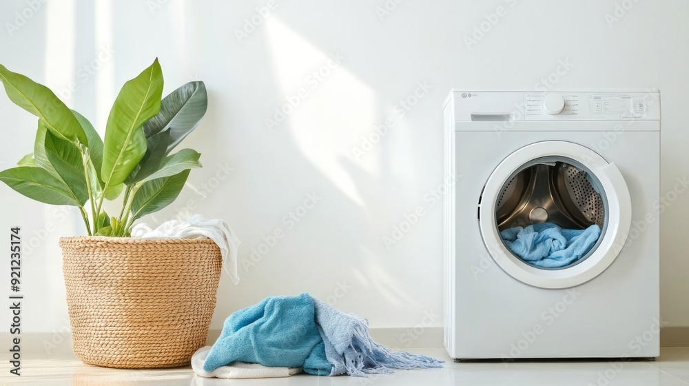 A white washing machine sits next to a basket of yellow and blue clothes A white washing machine sits next to a basket of yellow and blue clothes