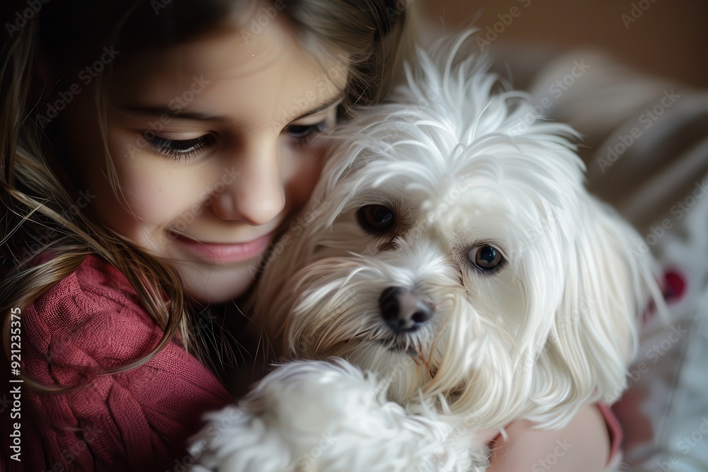 Dog At Home. Girl with Cute Maltese Canino Puppy in Cozy Environment Dog At Home. Girl with Cute Maltese Canino Puppy in Cozy Environment
