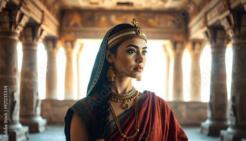 Portrait of a beautiful woman in traditional Egyptian clothing in an ancient Egyptian temple isolated with white highlights, png photo