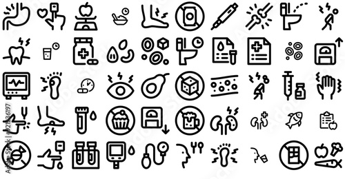 Set Of Diabetes Jumpicon Bold Line Icons Silhouette Vector Logo Design Containing Blood-Test,Food,Pain,Diet,Medical Vector Icon Set Linear Pictogram Pack