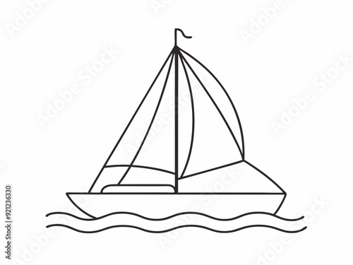 continuous single line drawing of sailboat on water, line art vector illustration
