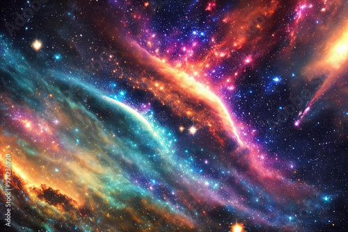 A fantastical galaxy with swirling colors, glowing stars, and cosmic dust