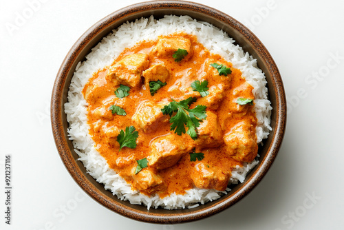 Butter chicken dish with rice on a white background photo