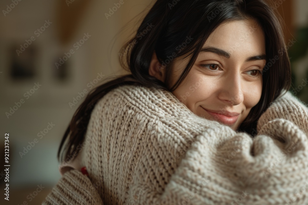 Cozy Portrait of a Smiling Woman in a Sweater. This casual and warm style image captures a genuine moment of happiness. Ideal for blogs, articles, and social media focused on lifestyle and well-being Cozy Portrait of a Smiling Woman in a Sweater. This casual and warm style image captures a genuine moment of happiness. Ideal for blogs, articles, and social media focused on lifestyle and well-being