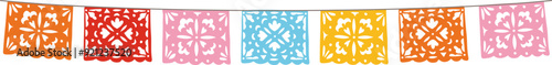 Colorful decorative cut out garland. Dia de los Muertos, Mexican Day of the Dead. Halloween festive paper bunting flags, papel picado. Isolated vector hand drawn graphic element. Birthday party decor