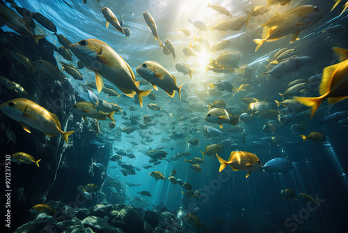 Deep blue sea underwater scete with a school of fish swimming in tranquility. photo