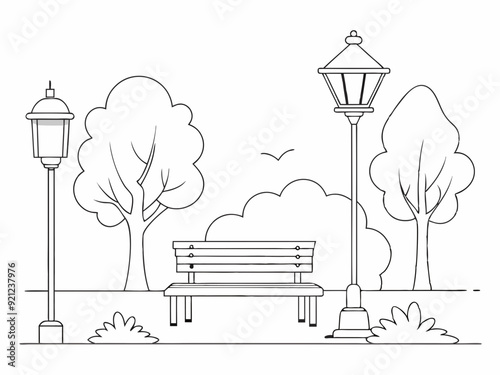 continuous single line drawing of bench and lantern in public park, line art vector illustration
