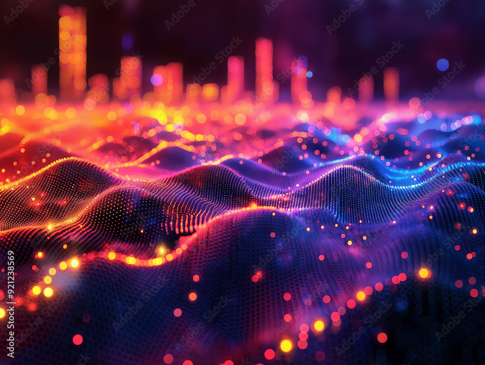 A colorful, abstract cityscape with a purple and blue wave