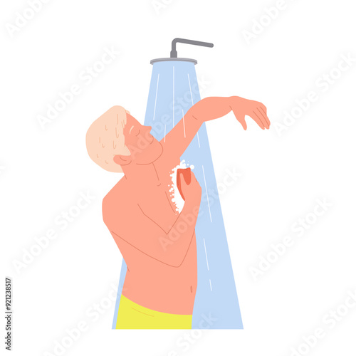 Young man character taking shower caring for body cleanliness during everyday hygiene procedure
