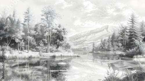 Serenity in Graphite: A Detailed Morning Landscape of Trees, River, and Mountains