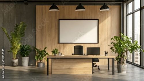 A sleek modern office interior featuring a wooden desk with two chairs, a large window with natural light, and a blank white frame on the wall. This space is ideal for a CEO's office