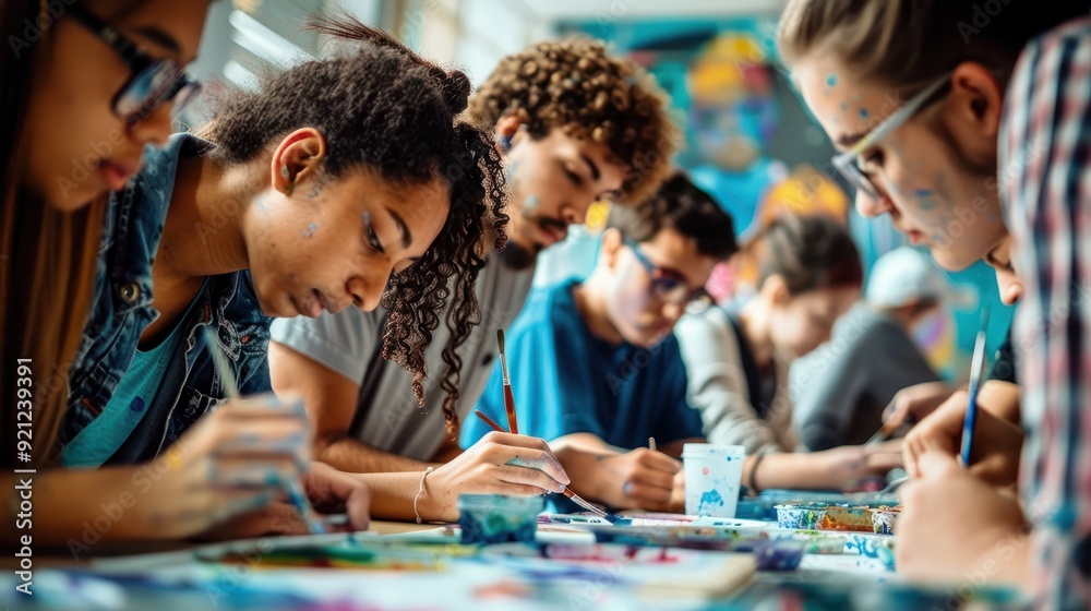 Fototapeta premium Group of people with intellectual disability painting during group activity