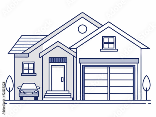 single line drawing of single-familiy home with garage, line art vector illustration
