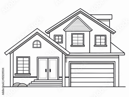 single line drawing of single-familiy home with garage, line art vector illustration
