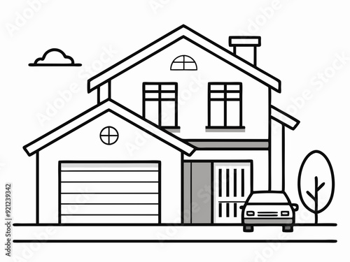 single line drawing of single-familiy home with garage, line art vector illustration
