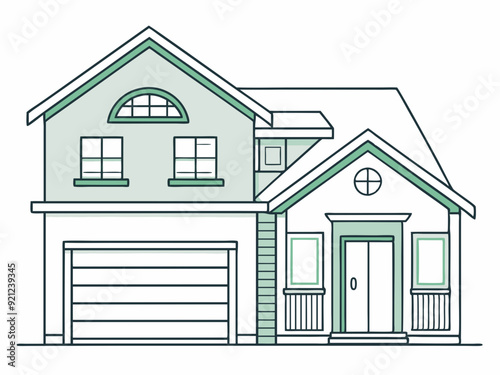 single line drawing of single-familiy home with garage, line art vector illustration
