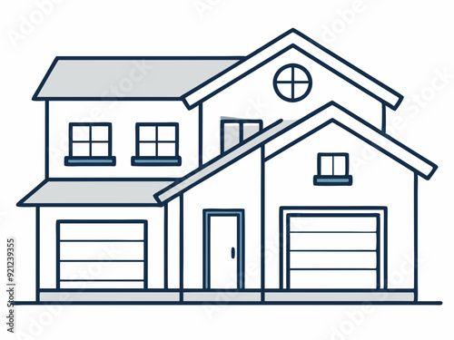 single line drawing of single-familiy home with garage, line art vector illustration
