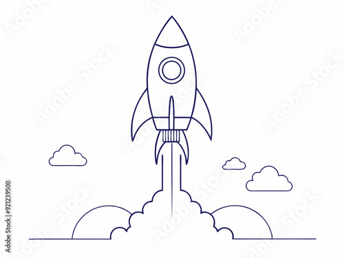 continuous single line drawing of rocket spaceship takeoff, rocket launch line art vector illustration
