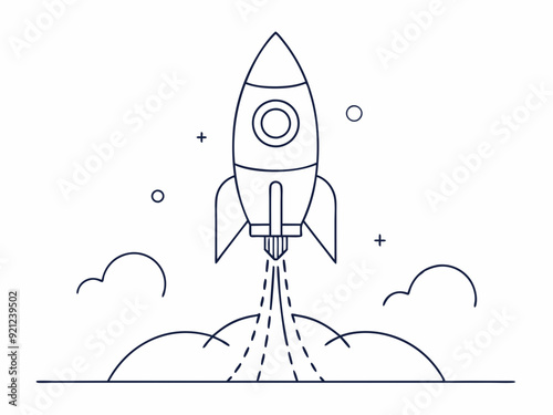 continuous single line drawing of rocket spaceship takeoff, rocket launch line art vector illustration
