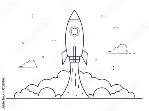 continuous single line drawing of rocket spaceship takeoff, rocket launch line art vector illustration
