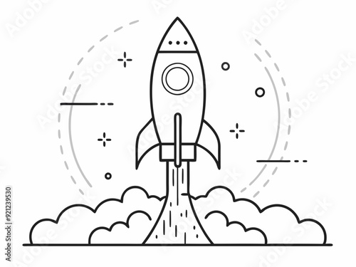 continuous single line drawing of rocket spaceship takeoff, rocket launch line art vector illustration
