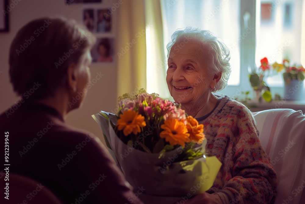 Elderly Woman Smiling While Receiving Flowers from a Visitor Elderly Woman Smiling While Receiving Flowers from a Visitor